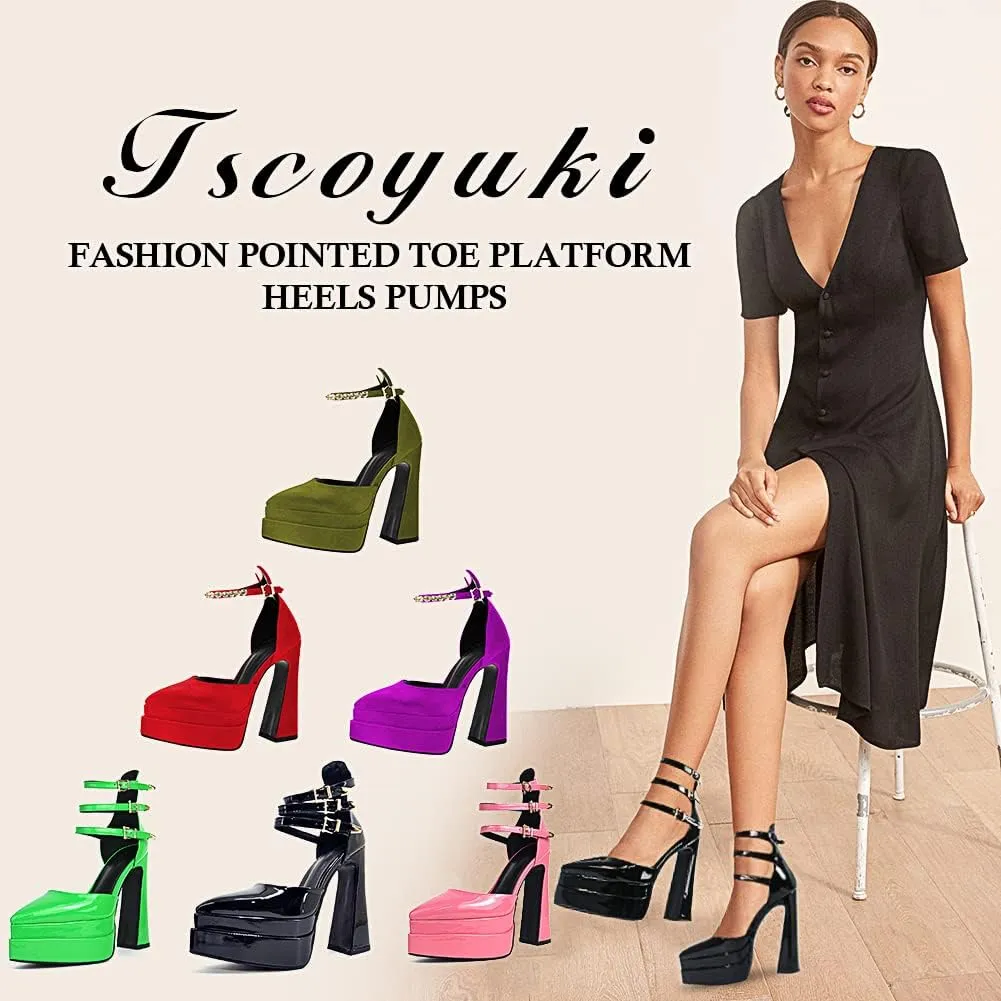 Tscoyuki Women's Fashion Pointed Toe Platform Heels, Buckle Straps Chunky Block High Heel Pumps Date Dress Shoes