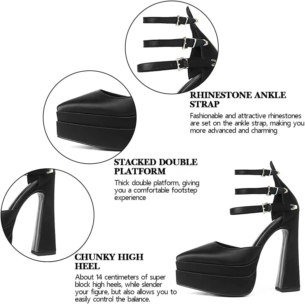 Tscoyuki Women's Fashion Pointed Toe Platform Heels, Buckle Straps Chunky Block High Heel Pumps Date Dress Shoes