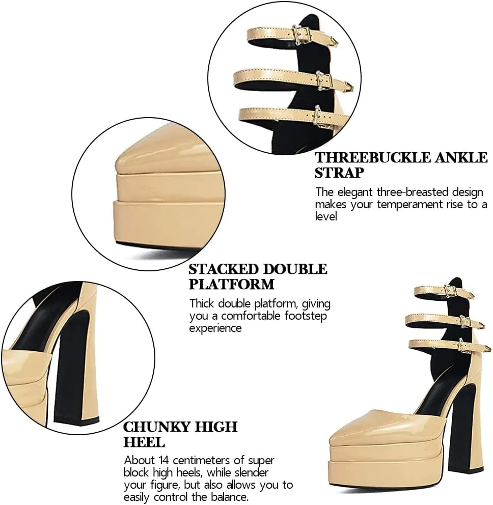 Tscoyuki Women's Fashion Pointed Toe Platform Heels, Buckle Straps Chunky Block High Heel Pumps Date Dress Shoes