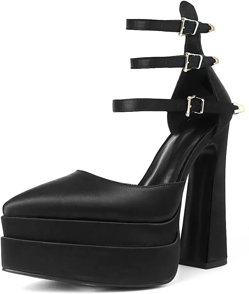 Tscoyuki Women's Fashion Pointed Toe Platform Heels, Buckle Straps Chunky Block High Heel Pumps Date Dress Shoes