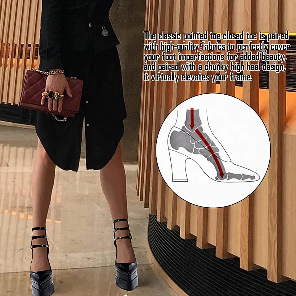 Tscoyuki Women's Fashion Pointed Toe Platform Heels, Buckle Straps Chunky Block High Heel Pumps Date Dress Shoes