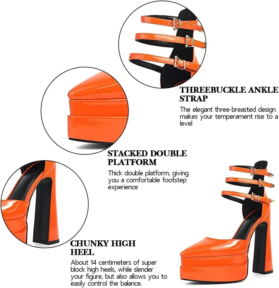 Tscoyuki Women's Fashion Pointed Toe Platform Heels, Buckle Straps Chunky Block High Heel Pumps Date Dress Shoes