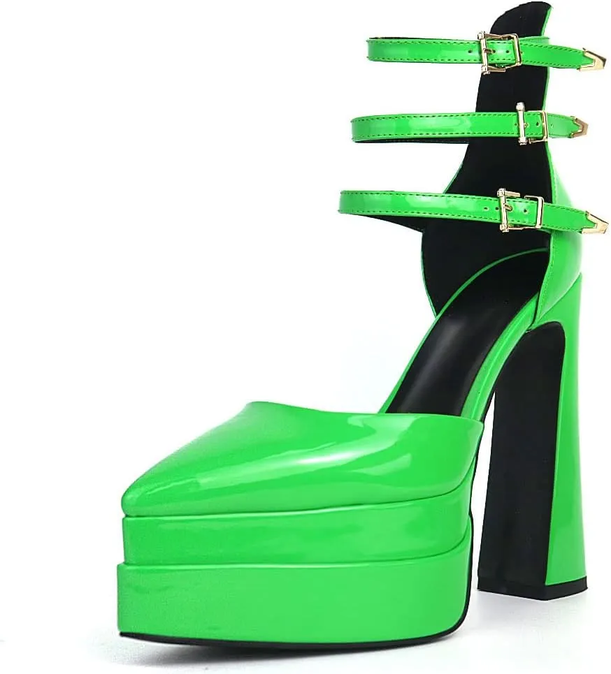 Tscoyuki Women's Fashion Pointed Toe Platform Heels, Buckle Straps Chunky Block High Heel Pumps Date Dress Shoes