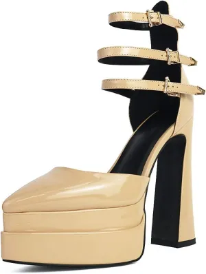 Tscoyuki Women's Fashion Pointed Toe Platform Heels, Buckle Straps Chunky Block High Heel Pumps Date Dress Shoes