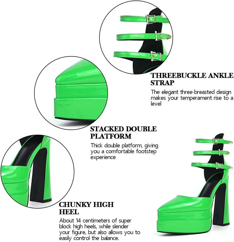 Tscoyuki Women's Fashion Pointed Toe Platform Heels, Buckle Straps Chunky Block High Heel Pumps Date Dress Shoes
