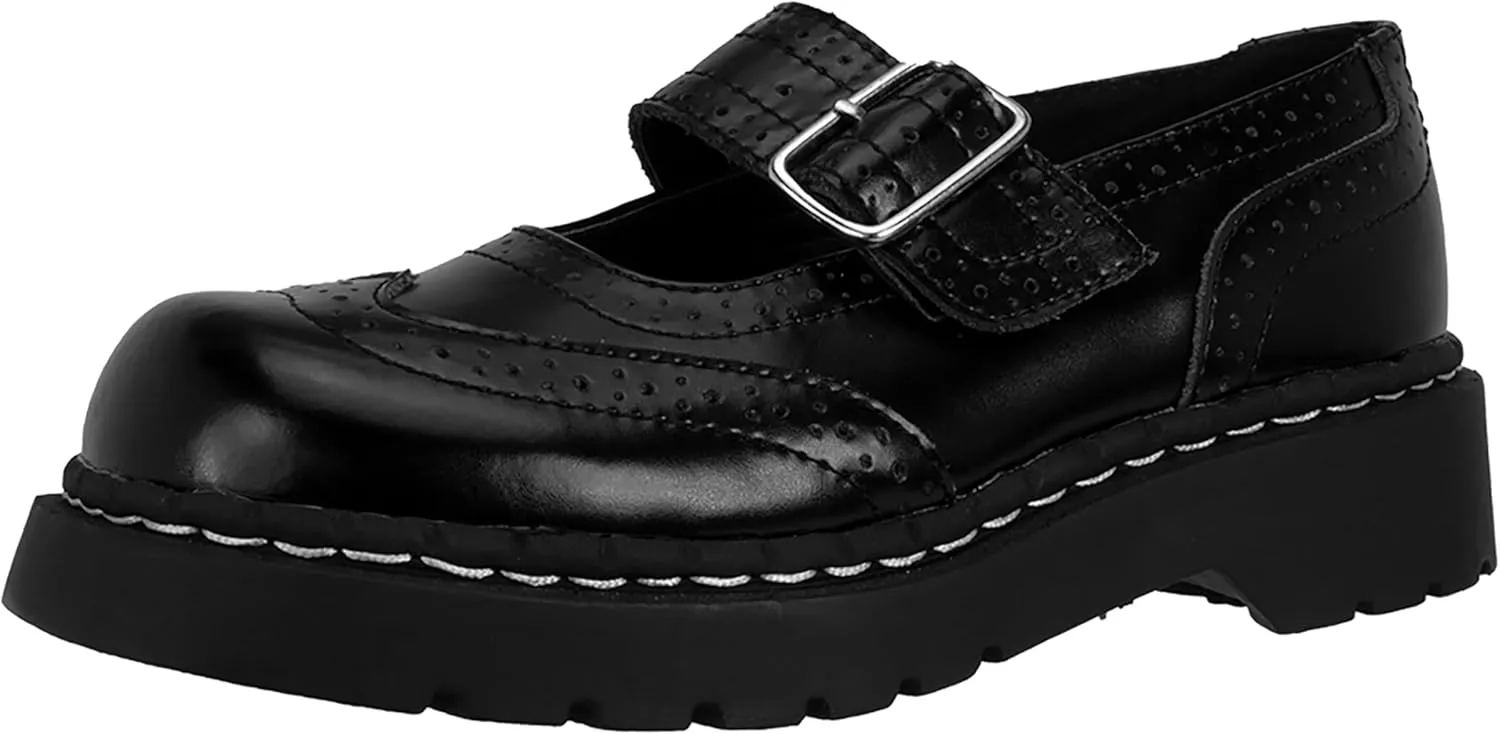 T.U.K. Women's Brogue Mary Jane Flat Shoes – Black Leather, Vintage Style, Wingtip Detailing, Adjustable Buckle Strap, Cushioned Insole, Sturdy Sole, Low Heel, Comfortable Fit, Vegan