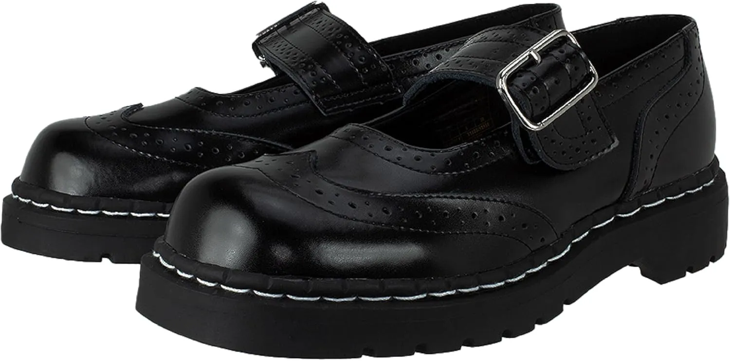 T.U.K. Women's Brogue Mary Jane Flat Shoes – Black Leather, Vintage Style, Wingtip Detailing, Adjustable Buckle Strap, Cushioned Insole, Sturdy Sole, Low Heel, Comfortable Fit, Vegan