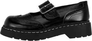 T.U.K. Women's Brogue Mary Jane Flat Shoes – Black Leather, Vintage Style, Wingtip Detailing, Adjustable Buckle Strap, Cushioned Insole, Sturdy Sole, Low Heel, Comfortable Fit, Vegan