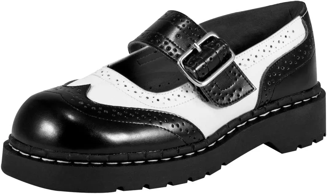 T.U.K. Women's Brogue Mary Jane Flat Shoes – Black Leather, Vintage Style, Wingtip Detailing, Adjustable Buckle Strap, Cushioned Insole, Sturdy Sole, Low Heel, Comfortable Fit, Vegan