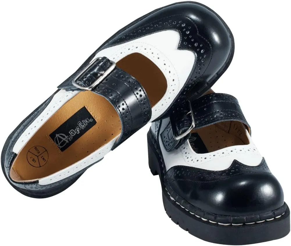 T.U.K. Women's Brogue Mary Jane Flat Shoes – Black Leather, Vintage Style, Wingtip Detailing, Adjustable Buckle Strap, Cushioned Insole, Sturdy Sole, Low Heel, Comfortable Fit, Vegan