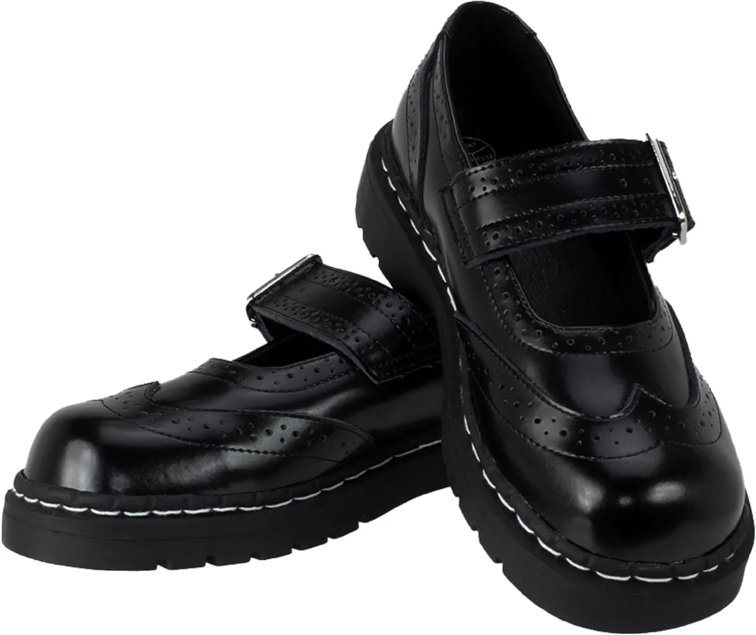 T.U.K. Women's Brogue Mary Jane Flat Shoes – Black Leather, Vintage Style, Wingtip Detailing, Adjustable Buckle Strap, Cushioned Insole, Sturdy Sole, Low Heel, Comfortable Fit, Vegan