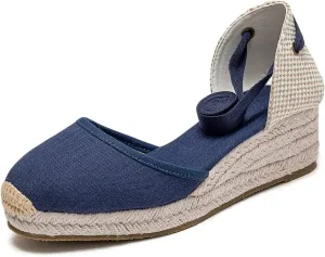 U-lite Womens Platform Wedge Sandals Espadrilles Closed Toe Ankle Strap Lace Up Ankle-Tie Strap Classic Espadrille Heel Blue 8.5