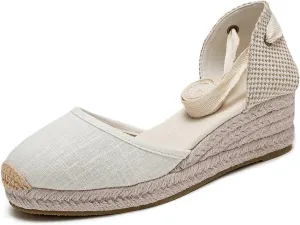 U-lite Womens Platform Wedge Sandals Espadrilles Closed Toe Ankle Strap Lace Up Ankle-Tie Strap Classic Espadrille Heel White 6.5