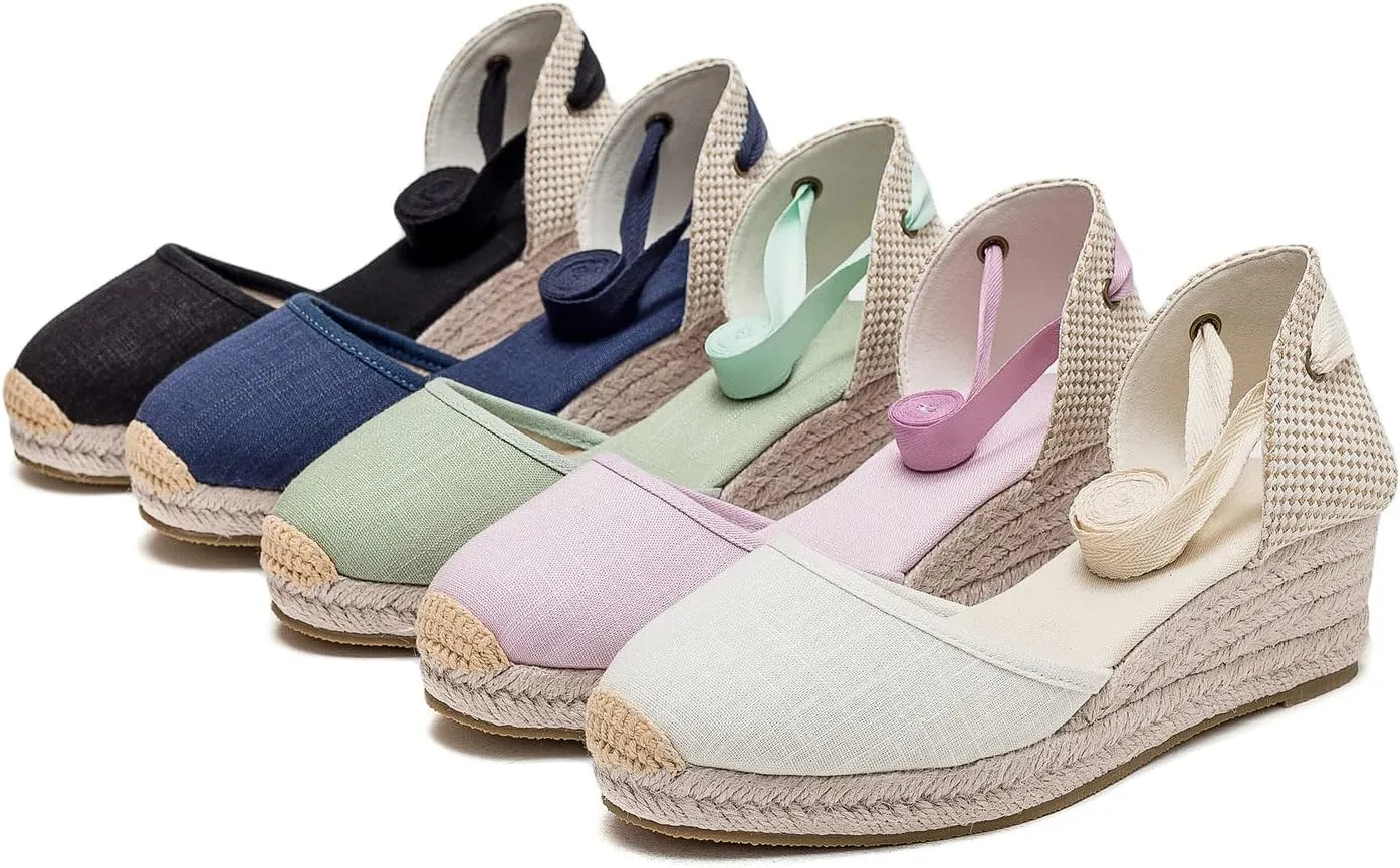 U-lite Womens Platform Wedge Sandals Espadrilles Closed Toe Ankle Strap Lace Up Ankle-Tie Strap Classic Espadrille Heel