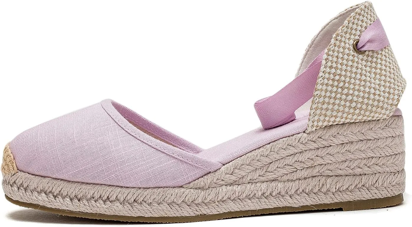 U-lite Womens Platform Wedge Sandals Espadrilles Closed Toe Ankle Strap Lace Up Ankle-Tie Strap Classic Espadrille Heel