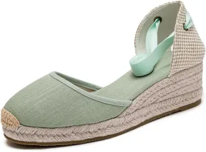 U-lite Womens Platform Wedge Sandals Espadrilles Closed Toe Ankle Strap Lace Up Ankle-Tie Strap Classic Espadrille Heel