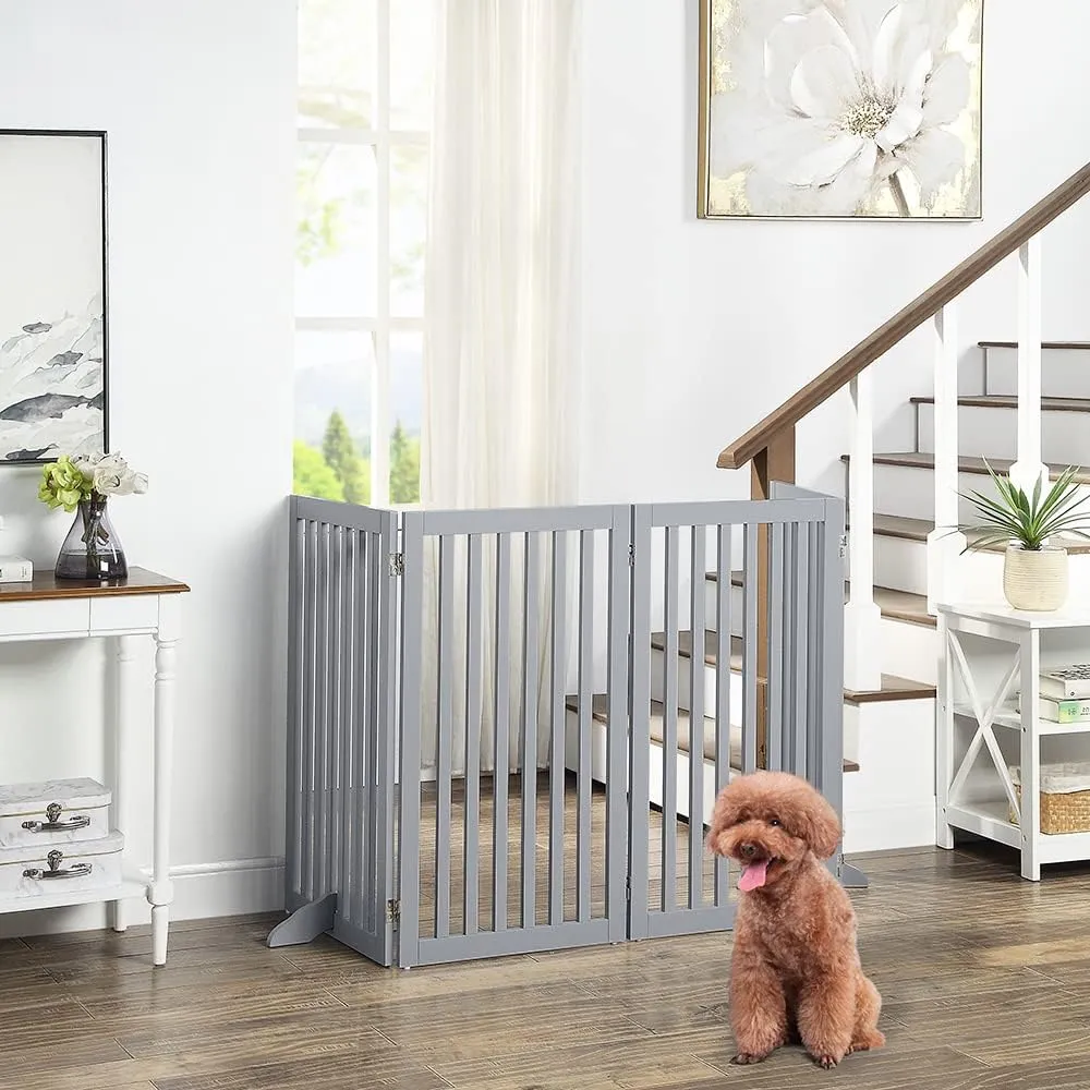 unipaws Flat Wooden Gray Freestanding Dog Gate, 20"-80" W X 36" H