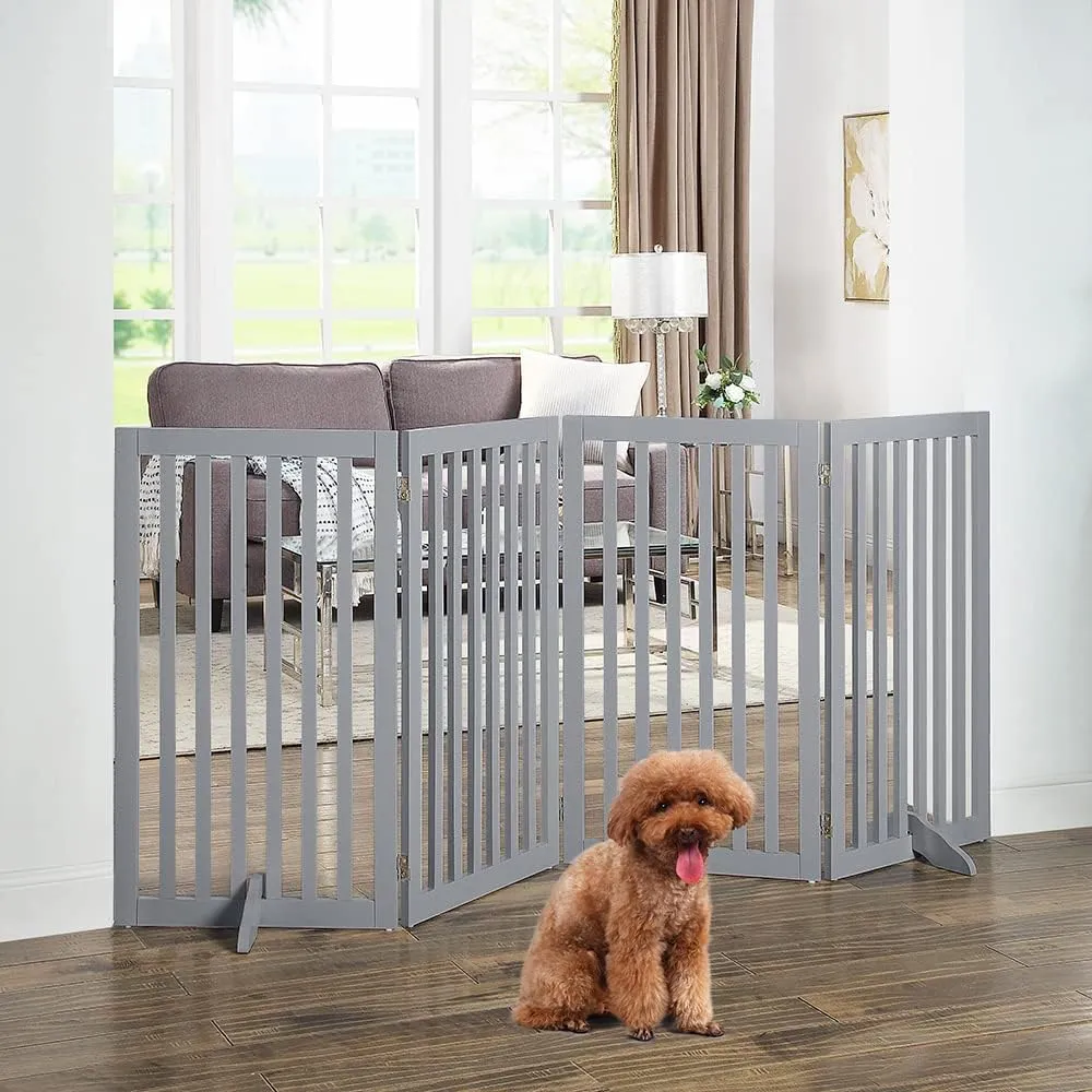 unipaws Flat Wooden Gray Freestanding Dog Gate, 20"-80" W X 36" H