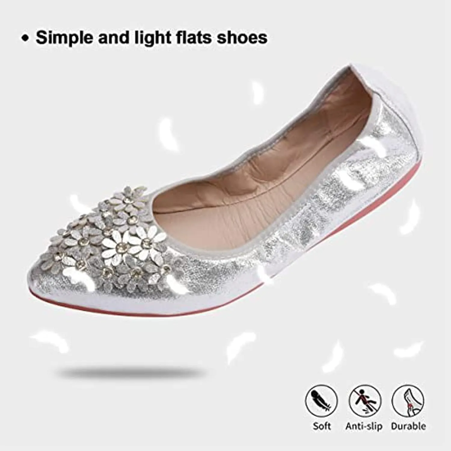 USANDY Women Ballet Flats Rhinestone Wedding Ballerina Shoes Foldable Sparkly Comfort Slip on Flat Shoes