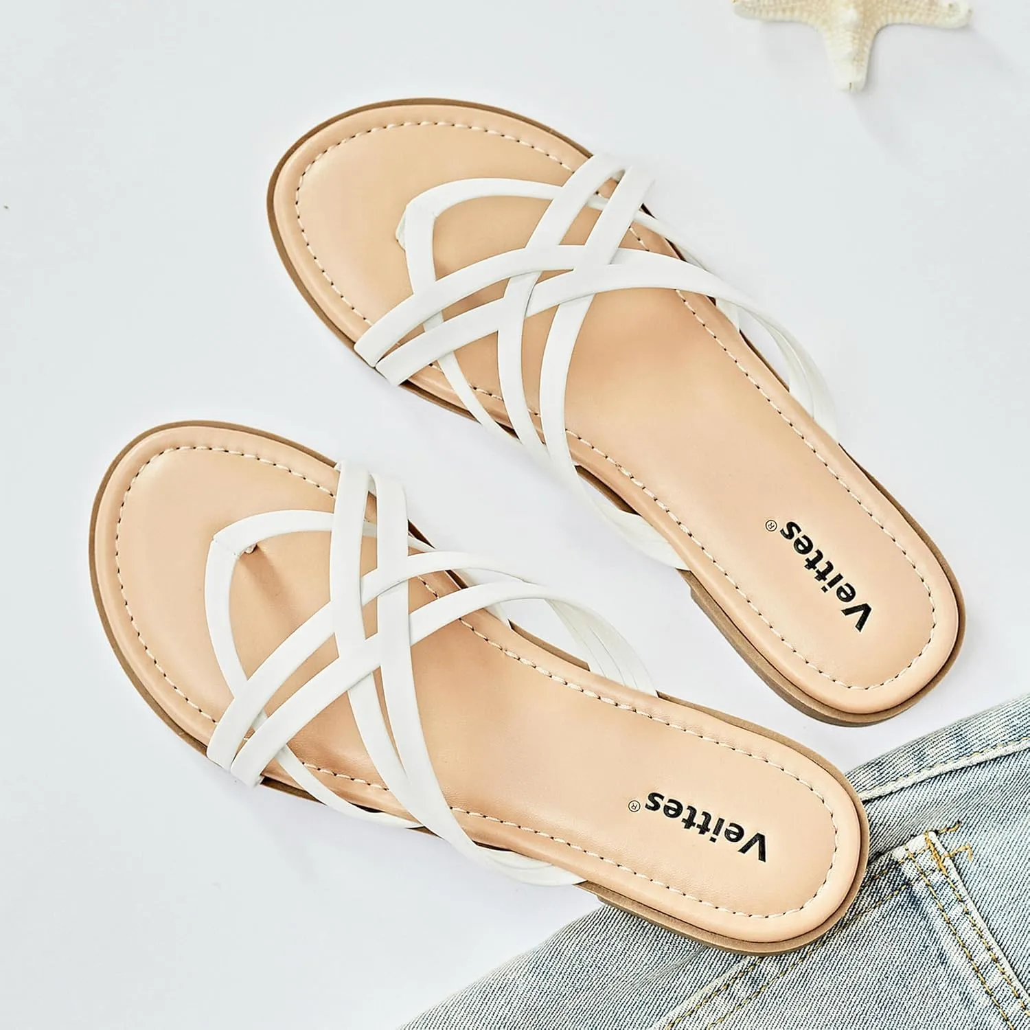 Veittes Women's Flat Slide Sandals - Comfort Casual Criss Cross Flat Summer Shoes.