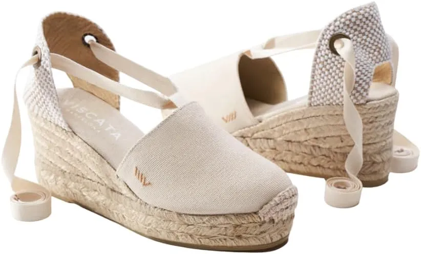 VISCATA Bisbe Canvas Platform Handmade 3 ½” Heel Women's Wedge Sandals with Breathable Cotton Canvas Soft Lace-Up Ankle Ties and 100% Natural Jute Midsole for all Casual Occasions