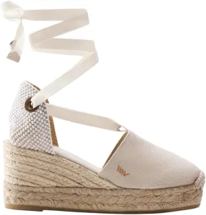 VISCATA Bisbe Canvas Platform Handmade 3 ½” Heel Women's Wedge Sandals with Breathable Cotton Canvas Soft Lace-Up Ankle Ties and 100% Natural Jute Midsole for all Casual Occasions
