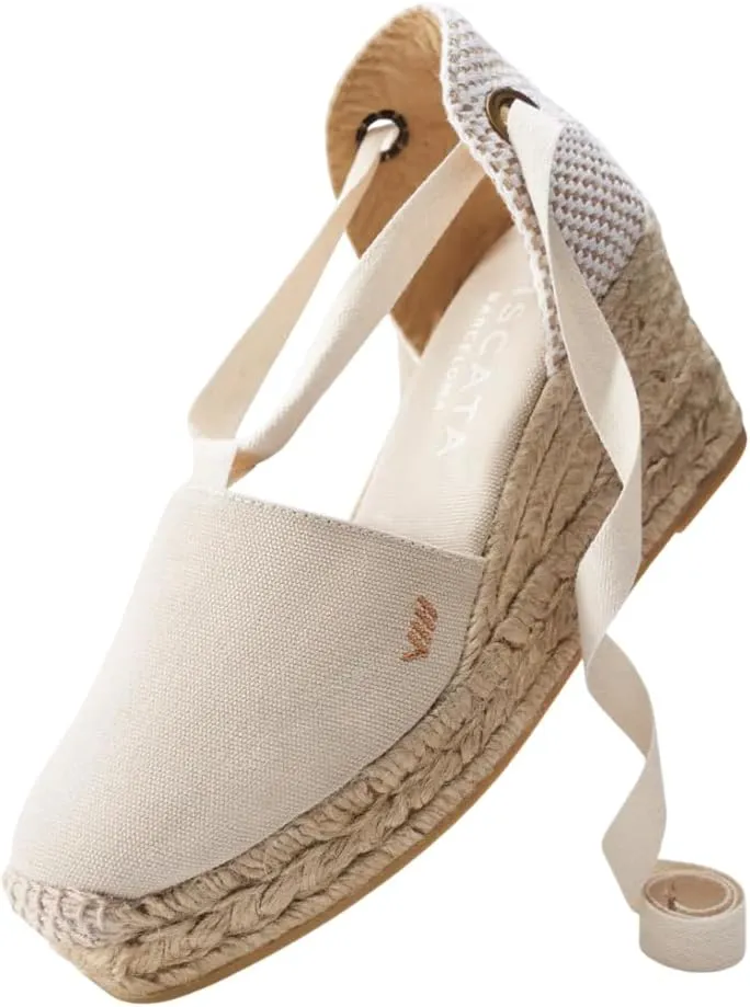VISCATA Bisbe Canvas Platform Handmade 3 ½” Heel Women's Wedge Sandals with Breathable Cotton Canvas Soft Lace-Up Ankle Ties and 100% Natural Jute Midsole for all Casual Occasions