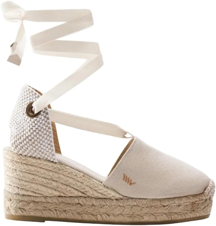 VISCATA Bisbe Canvas Platform Handmade 3 ½” Heel Women's Wedge Sandals with Breathable Cotton Canvas Soft Lace-Up Ankle Ties and 100% Natural Jute Midsole for all Casual Occasions