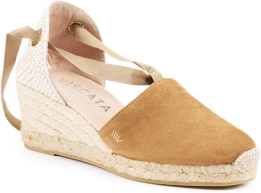 VISCATA Fosca Suede Wedge Handmade 2 ½” Heel Women's Sandals with Extra Cushioned Inner Sole, Soft Ankle Ties, and 100% Natural Jute Midsole for Comfort and Style