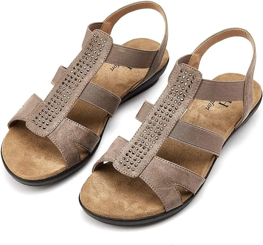 VJH confort Women's Comfort Flat Sandals Summer,with Rhinestone Open Toe Elastic Slip On Slingback Casual Walking Low Heele Sandals