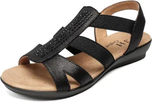 VJH confort Women's Comfort Flat Sandals Summer,with Rhinestone Open Toe Elastic Slip On Slingback Casual Walking Low Heele Sandals