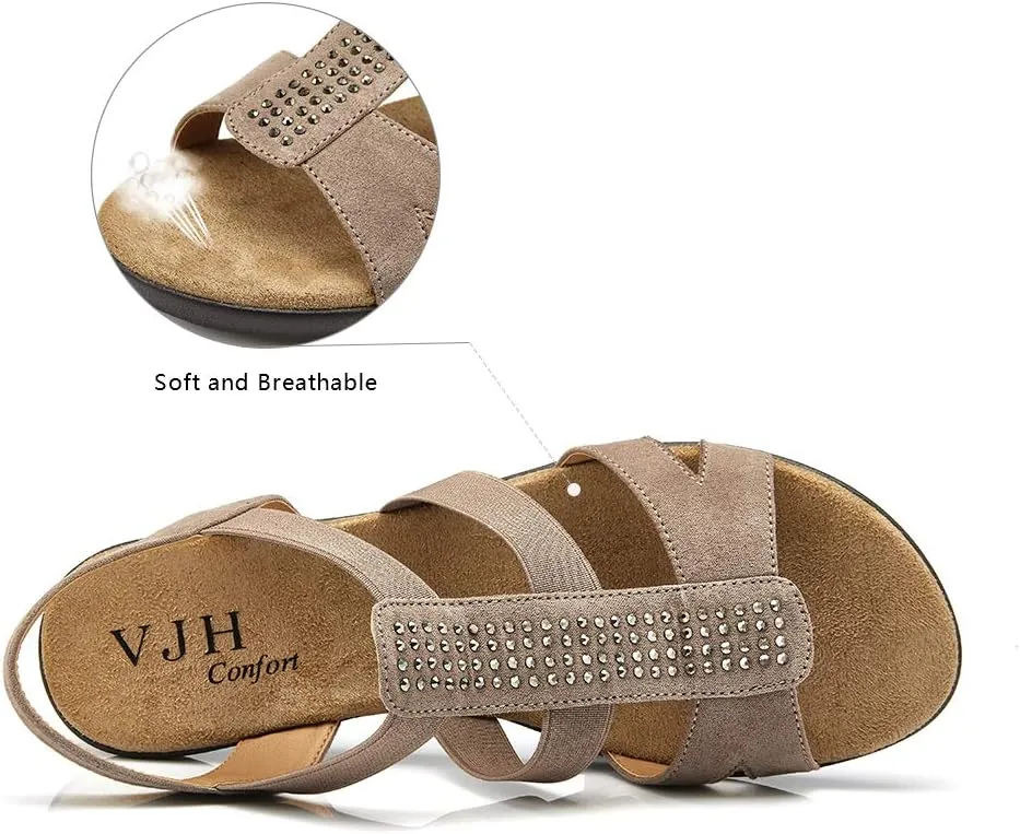 VJH confort Women's Comfort Flat Sandals Summer,with Rhinestone Open Toe Elastic Slip On Slingback Casual Walking Low Heele Sandals