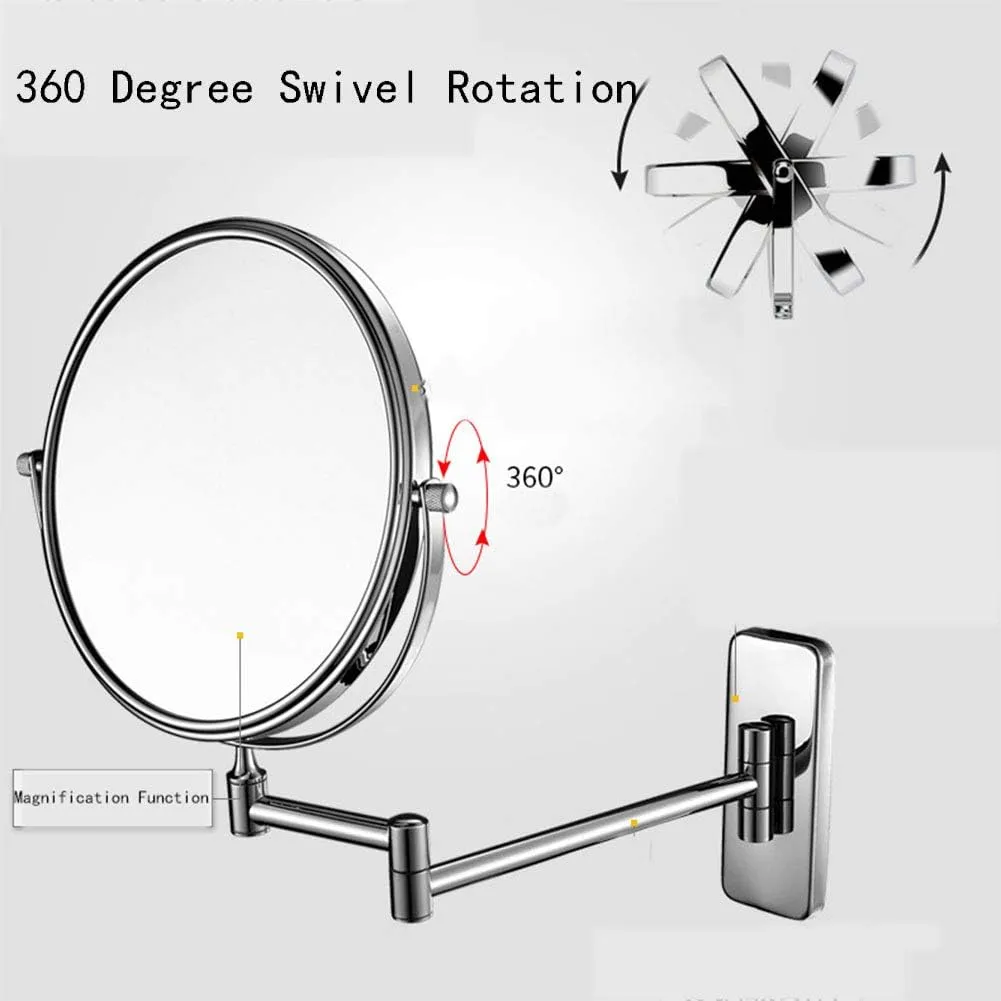 Wall Mounted Makeup Mirror with Magnification, Makeup Mirror for Bathroom, Two-Sided Extendable, 360 Degree Swivel, Extendable Arm, No Light, for Girls