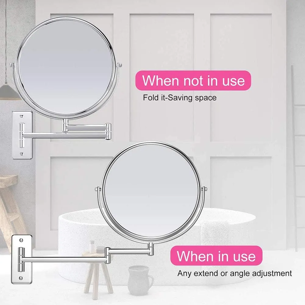 Wall Mounted Makeup Mirror with Magnification, Makeup Mirror for Bathroom, Two-Sided Extendable, 360 Degree Swivel, Extendable Arm, No Light, for Girls