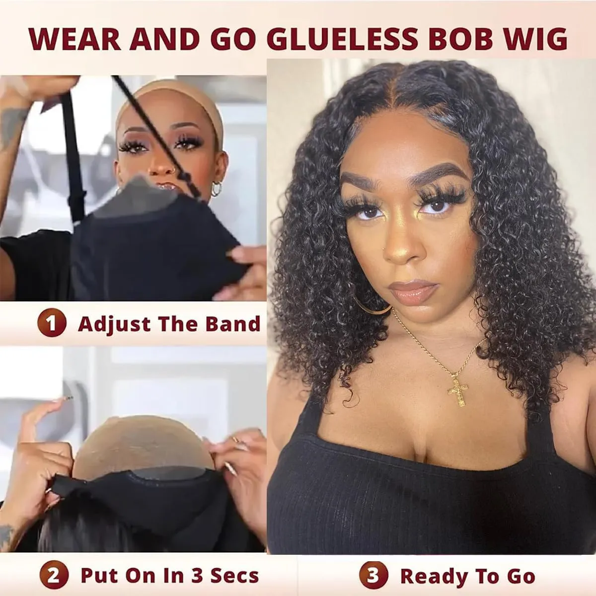 Wear and Go Bob Wigs Human Hair Deep Wave Ready to Wear Glueless Wigs Human Hair Pre Plucked Pre Cut 4x4 Curly Human Hair Bob Wigs for Black Women 14 Inch