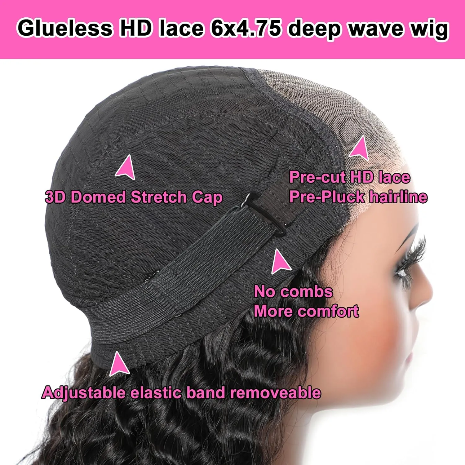 Wear and Go Bye Bye Knots 7x5 Pre Cut HD Lace Deep Wave Glueless wigs Human hair, 3D Dome Cap Glueless Wig Pre Plucked, Lace Pre Cut Glueless Curly Wig Natural black 200% Density 20 Inch