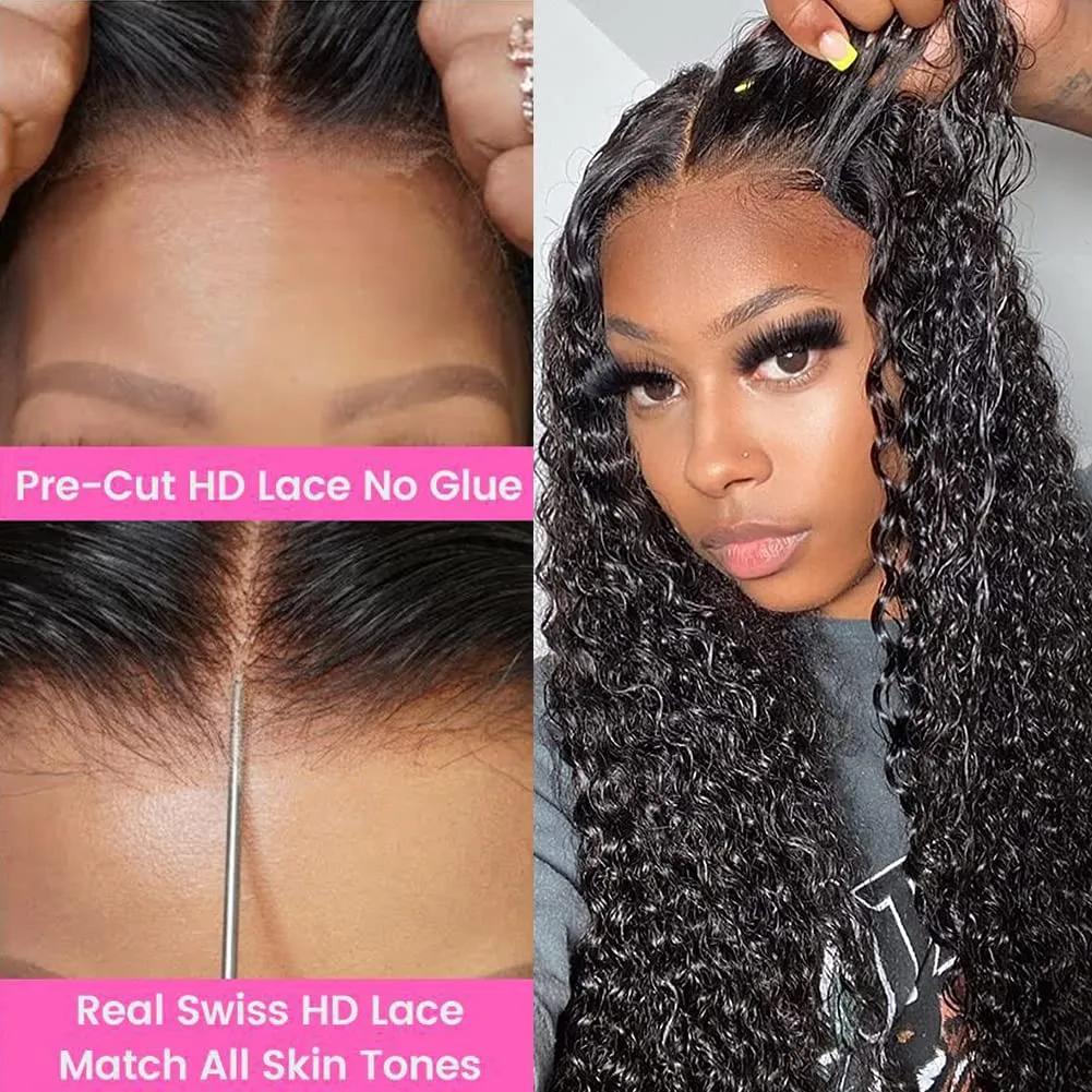 Wear and Go Bye Bye Knots 7x5 Pre Cut HD Lace Deep Wave Glueless wigs Human hair, 3D Dome Cap Glueless Wig Pre Plucked, Lace Pre Cut Glueless Curly Wig Natural black 200% Density 20 Inch