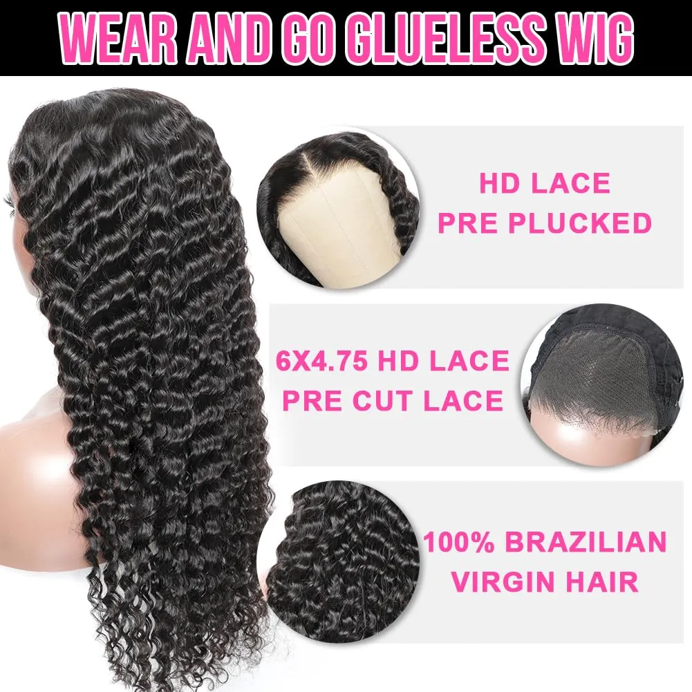 Wear and Go Bye Bye Knots 7x5 Pre Cut HD Lace Deep Wave Glueless wigs Human hair, 3D Dome Cap Glueless Wig Pre Plucked, Lace Pre Cut Glueless Curly Wig Natural black 200% Density 20 Inch