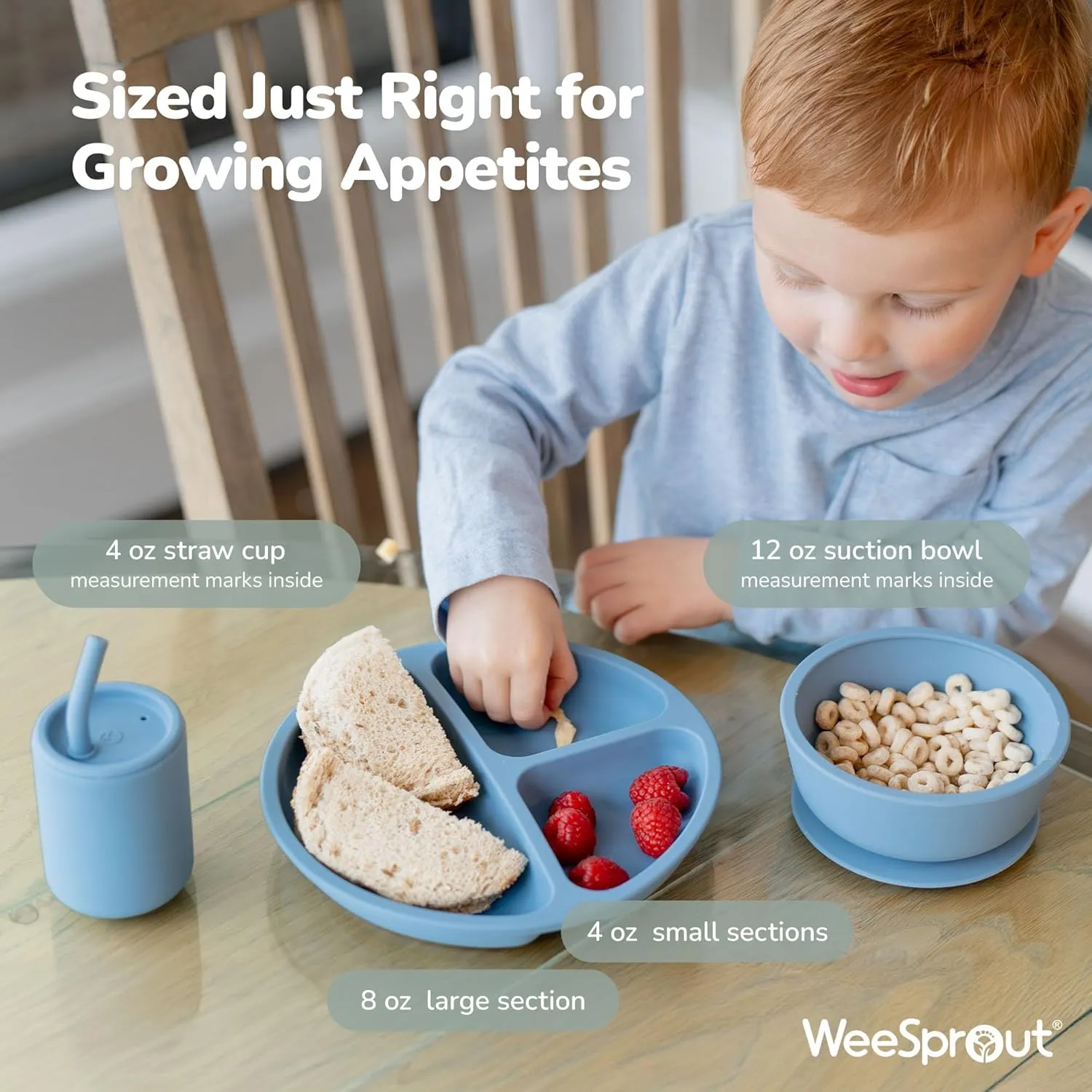 WeeSprout Baby Led Weaning Bundle, Silicone Suction Bowl, Spoons, Bib & Cup, Develops Self Feeding Skills, Dishwasher Safe (Mint)