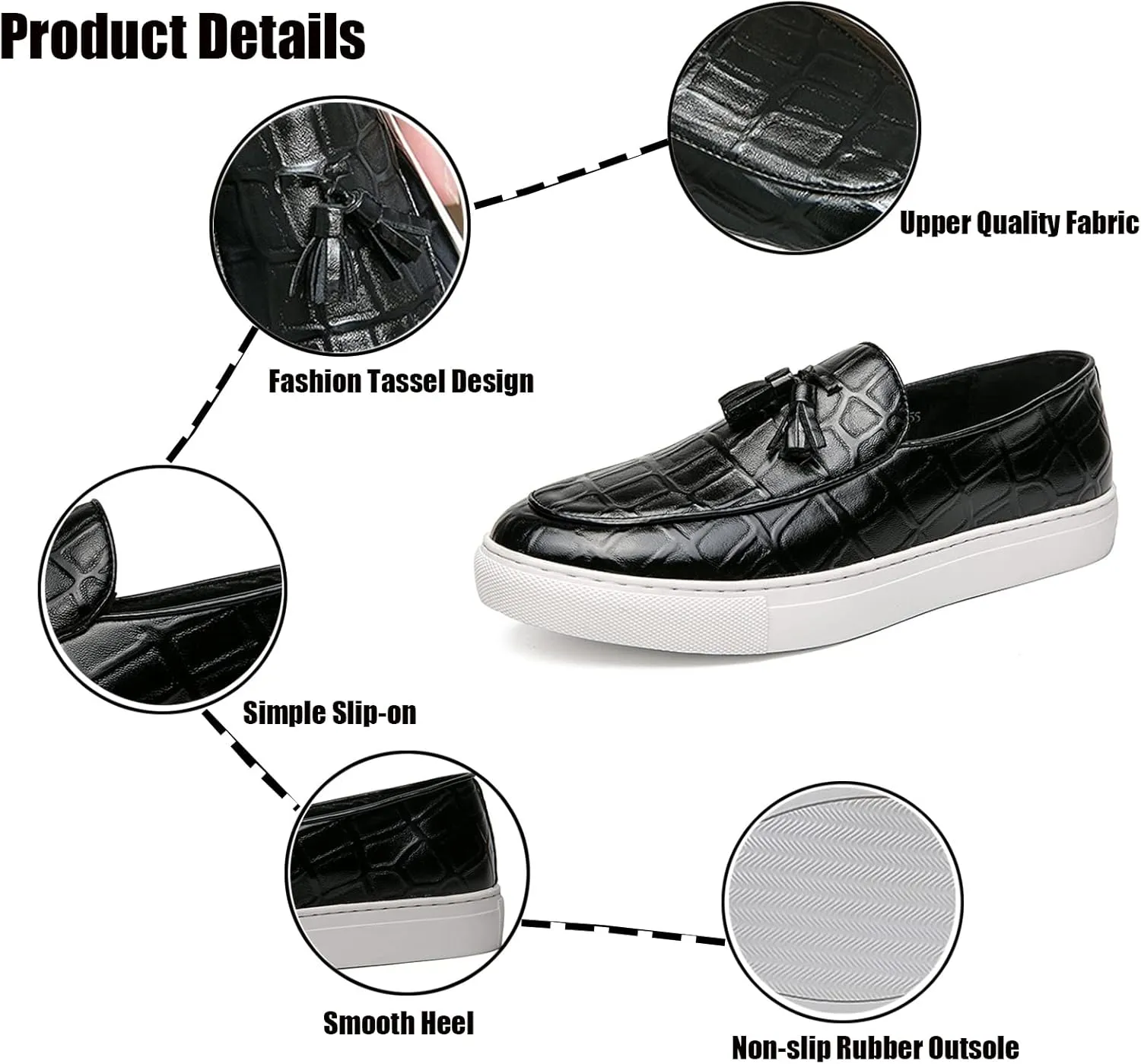 WENOREG Men's Leather Tassel Flat Slip-On Comfort Loafers,Fashion Round Toe Faux Crocodile Grain Flat Heel Anti-Slip Resistant Walking Causal Work Driving Party Shoes