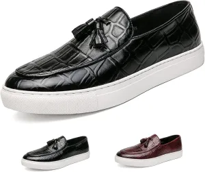 WENOREG Men's Leather Tassel Flat Slip-On Comfort Loafers,Fashion Round Toe Faux Crocodile Grain Flat Heel Anti-Slip Resistant Walking Causal Work Driving Party Shoes