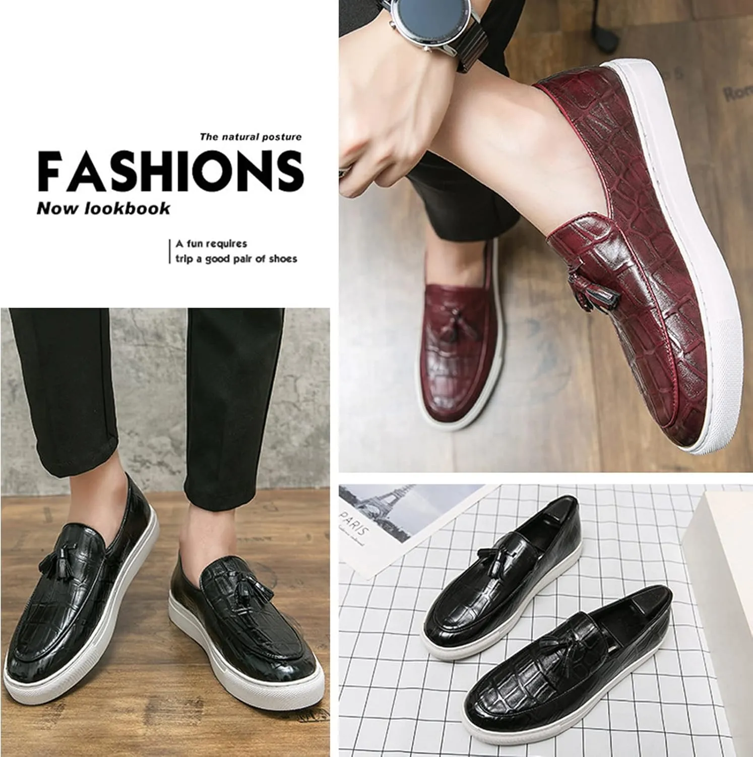 WENOREG Men's Leather Tassel Flat Slip-On Comfort Loafers,Fashion Round Toe Faux Crocodile Grain Flat Heel Anti-Slip Resistant Walking Causal Work Driving Party Shoes