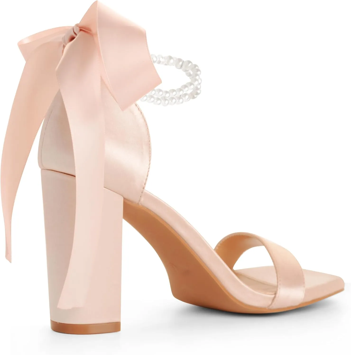 White Block High Heels for Women - Pearl Square Open Toe Chunky Bow Heels - Wedding Bridal Shoes for Prom Party Dress