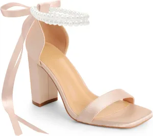 White Block High Heels for Women - Pearl Square Open Toe Chunky Bow Heels - Wedding Bridal Shoes for Prom Party Dress