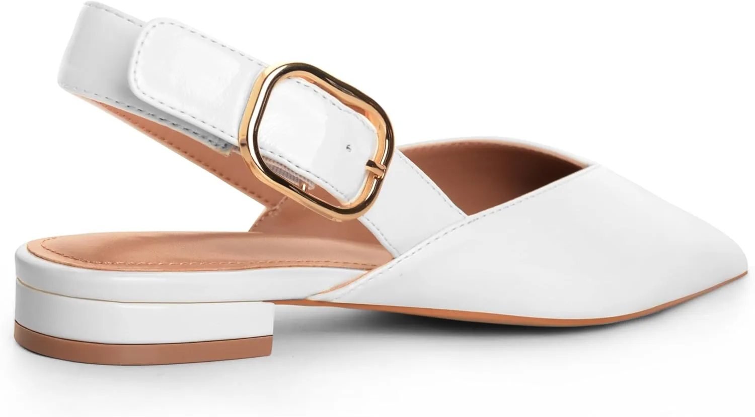 White Slingback Flat Shoes for Women Pointed Toe Adjustable Buckle Flat Mule Sandals Casual Comfortable Office Dressy Shoes