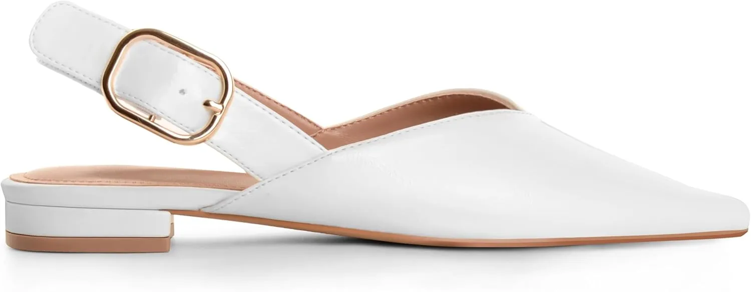 White Slingback Flat Shoes for Women Pointed Toe Adjustable Buckle Flat Mule Sandals Casual Comfortable Office Dressy Shoes