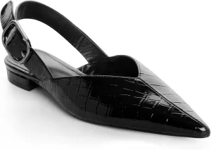 White Slingback Flat Shoes for Women Pointed Toe Adjustable Buckle Flat Mule Sandals Casual Comfortable Office Dressy Shoes
