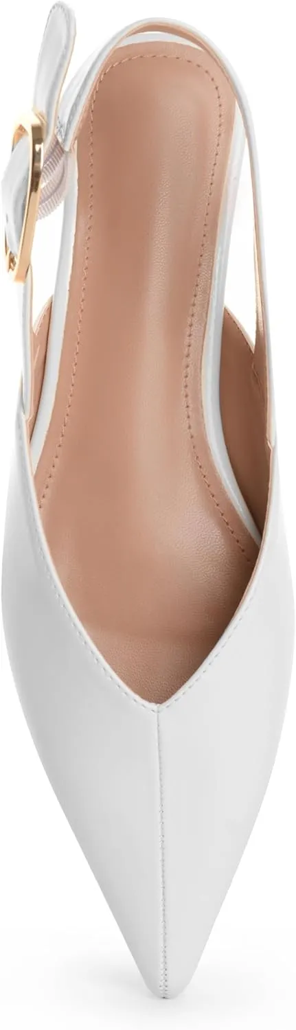 White Slingback Flat Shoes for Women Pointed Toe Adjustable Buckle Flat Mule Sandals Casual Comfortable Office Dressy Shoes
