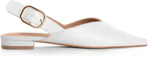 White Slingback Flat Shoes for Women Pointed Toe Adjustable Buckle Flat Mule Sandals Casual Comfortable Office Dressy Shoes
