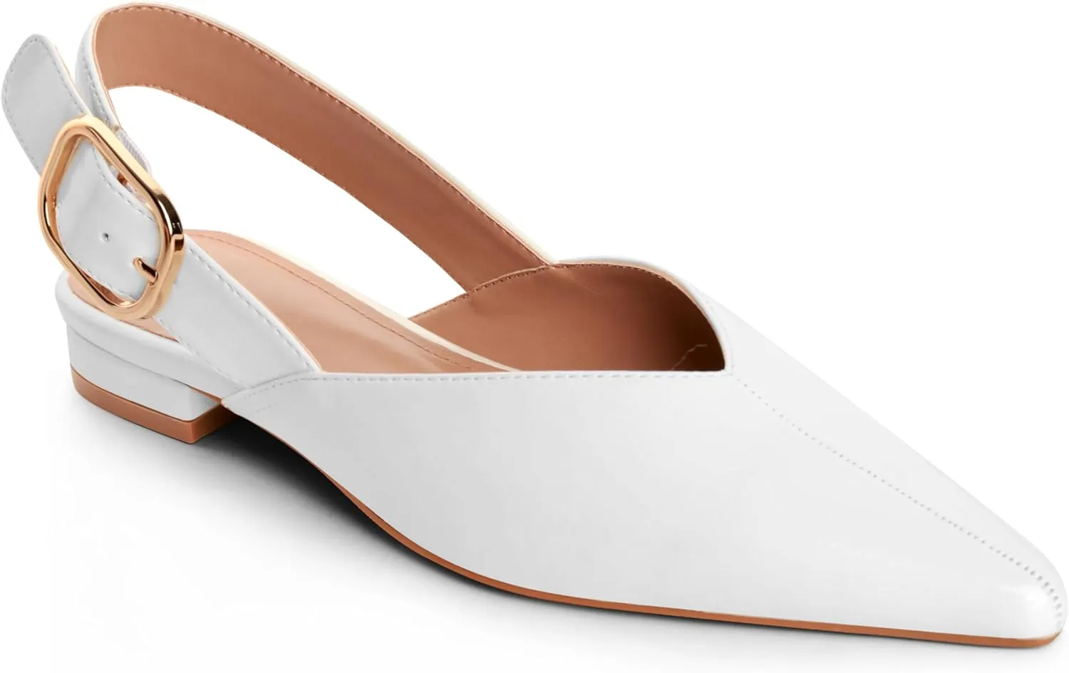 White Slingback Flat Shoes for Women Pointed Toe Adjustable Buckle Flat Mule Sandals Casual Comfortable Office Dressy Shoes